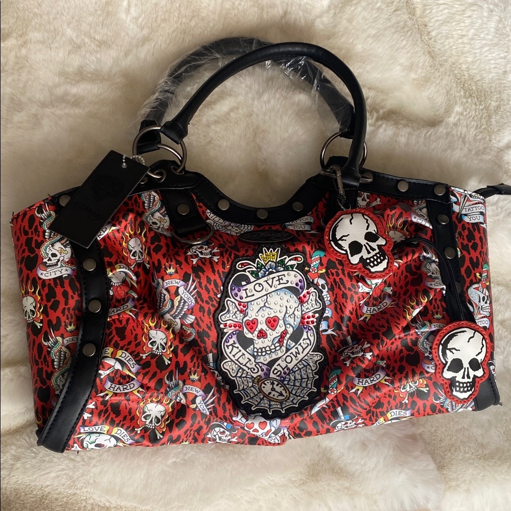 Ed Hardy Purse Satchel“Love Kills Slowly” Red/Black 9 x 16 Vegan - Picture 9 of 9